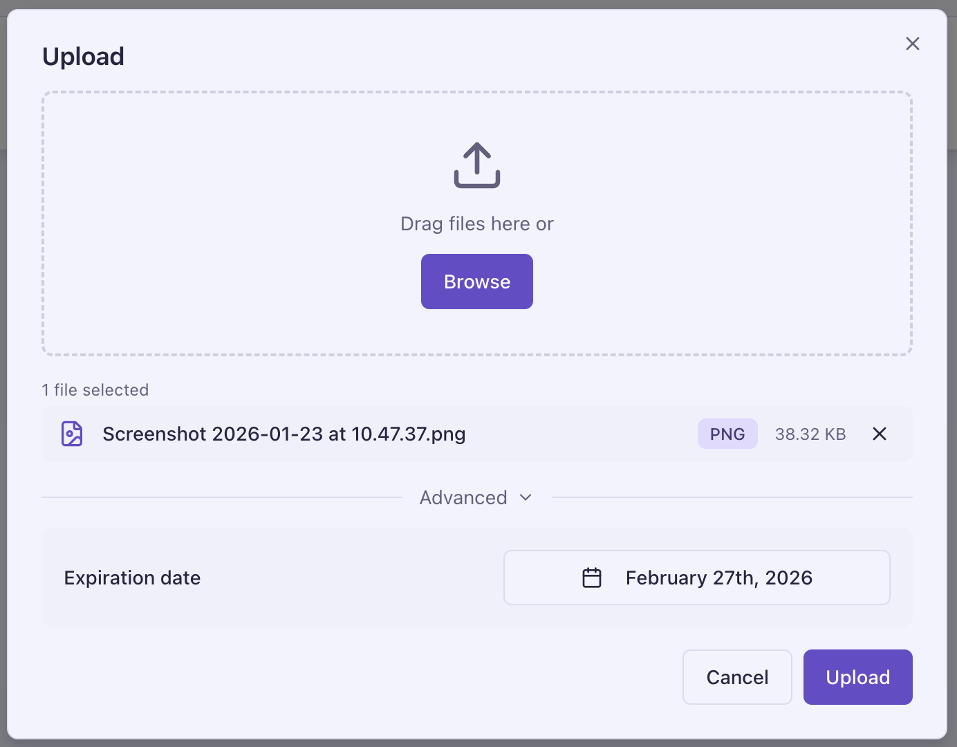 Upload dialog with file expiration date