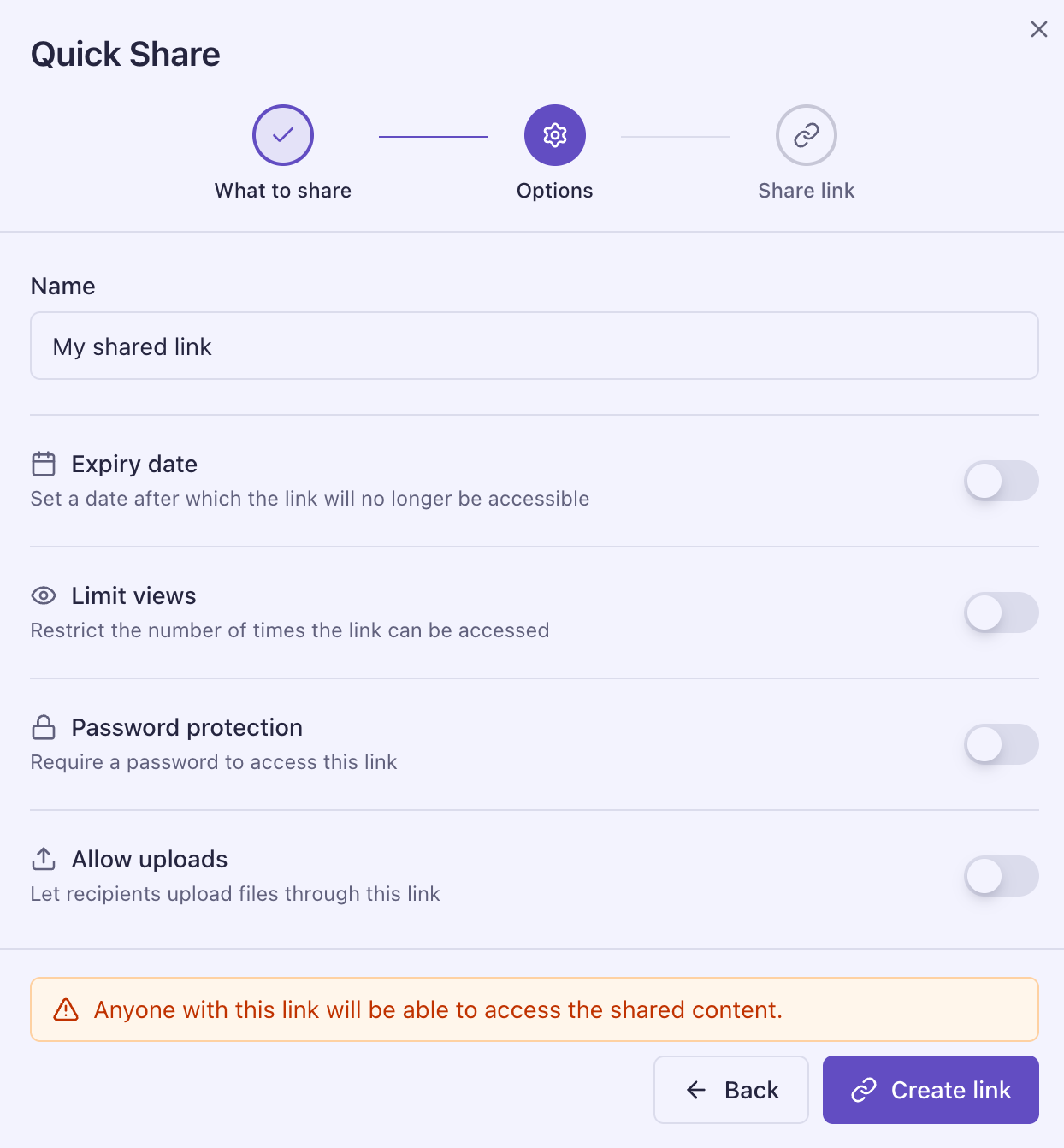 Quick share dialog options