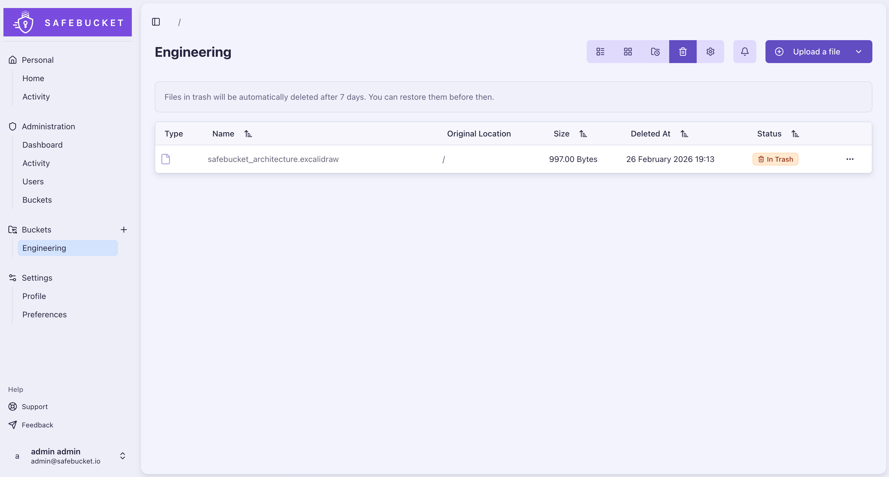 Trash view with restore option